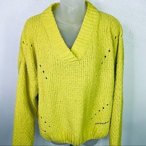 SWEET WANDERER Yellow Mustard Chunky Knit Sweater V-Neck Size Large